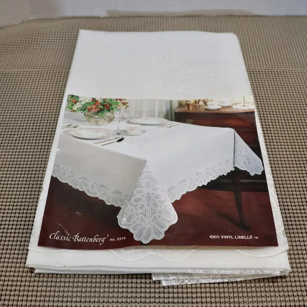 Vintage Vinyl Tablecloth Battenburg Lace White 60X90 Oblong NEW